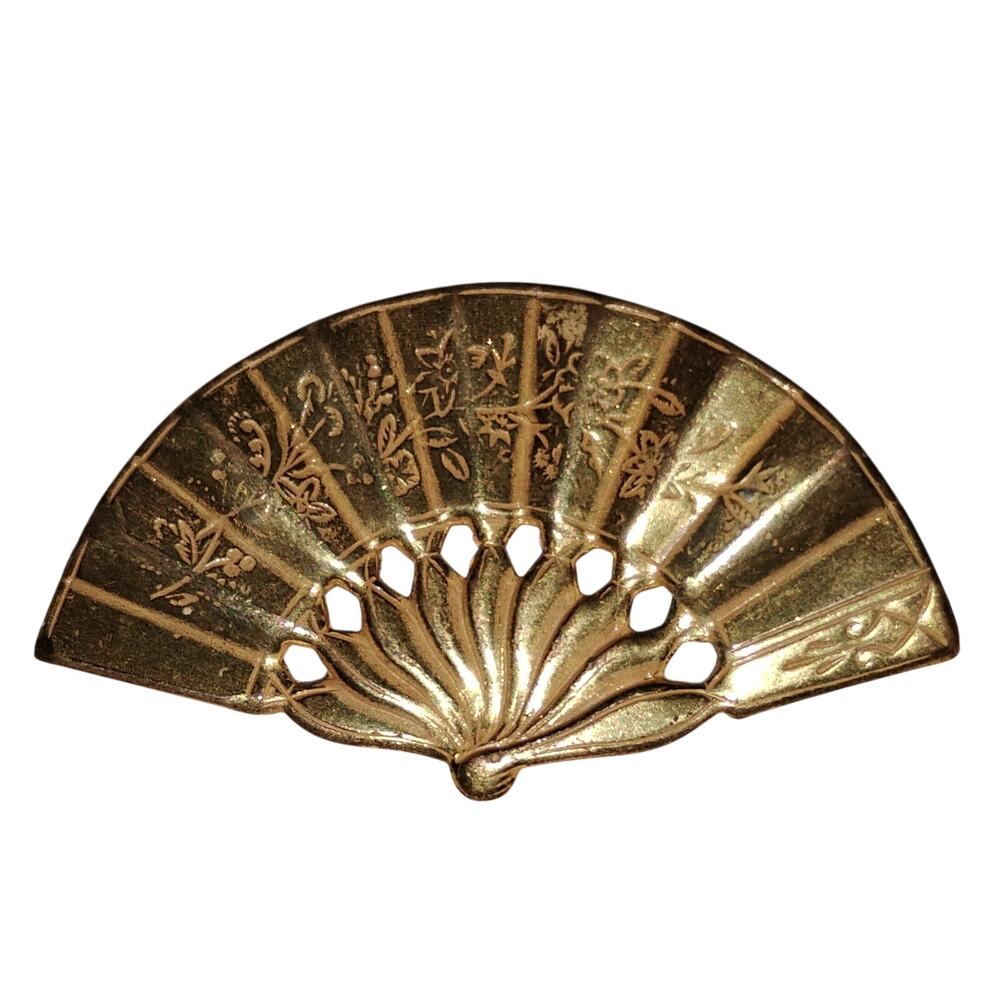 Vintage Miriam Haskell Gold Tone Asian Fan Brooch Signed